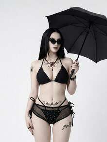 Goth Women's Elegant Beach Vacation Sexy Rhinestone Metal Criss-Cross Mesh Splice Halter Backless Tie-Back 3-Piece Bikini Set Set, Suitable For Spring, Summer, Autumn - Black - View 1