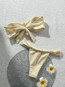 Swim Chiccia 女士夏季沙滩套装 - 纯色抹胸上衣配金属装饰和丁字裤比基尼泳裤性感泳装套装，适合女士度假、邮轮旅行、海滩日光浴，两件套，夏季新款女士比基尼套装，女士比基尼套装，女士泳装套装，女士泳衣套装 - 米色 - 查看 2