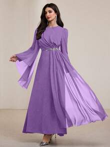 Graceveil Women's Solid Color Round Neck Long Sleeve Spliced Mesh Elegant Dress Modest Official Deep Purple Autumn - Purple - View 3