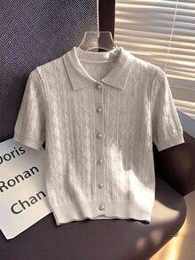 Franclia Women's Hollow Out Short Sleeve Single-Breasted Casual Knit Cardigan - Apricot - View 3