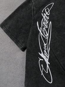 PAVTROS 男士休闲时尚街头通勤字母印花水洗短袖T恤，夏季 - 黑色 - 查看 7