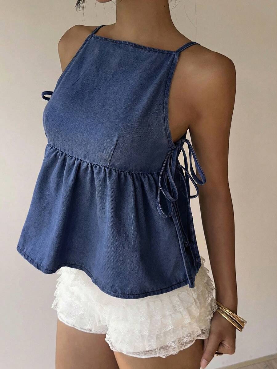 Siren Gaze Áo hai dây denim buộc dây bên hông kiểu dáng thường ngày dành cho nữ, thích hợp cho mùa hè. - Màu xanh lam - Xem 1