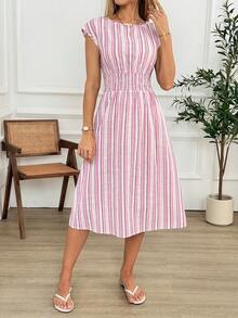 Easowa Đầm nữ dáng lửng kẻ sọc, thắt eo, kiểu dáng thường ngày, thích hợp cho mùa hè. - Màu Hồng baby - Xem 6