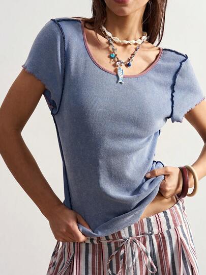 Bohemela Women's Casual Knit Patchwork Round Neck Short Sleeve T-Shirt