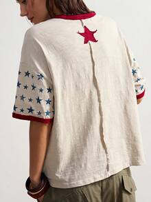 Bohemela Summer Casual Heart, Star & Letter Print Short Sleeve T-Shirt - Red - View 7