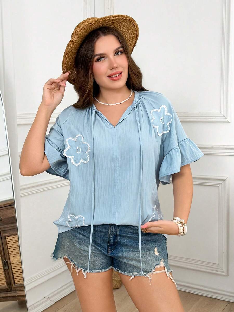 SHEIN LUNE Plus Size Women'S Summer Light Blue Flared Sleeve Ruffled ...