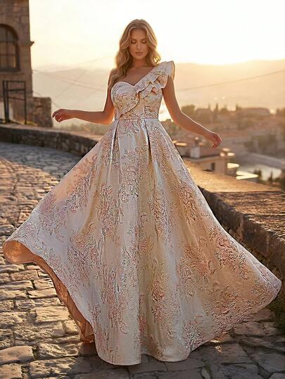 Glamrae Plus Size Women's Elegant Luxurious One Shoulder Multi-Layer Ruffle Decor Cinched Waist Jacquard Dress, Suitable For Weddings Dinner Wedding, Parties, Wedding, Galas, Formal Events Champagne Winter