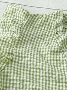 SHEIN LUNE 大码女式经典格纹V领荷叶边花瓣袖修身休闲常规衬衫 - 綠色 - 查看 5