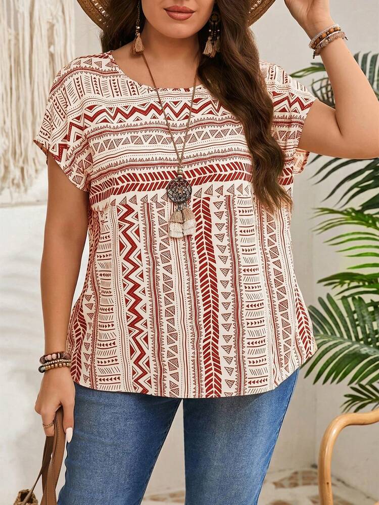 Plus Size Graphic Print Casual Loose Shirt, Suitable For Vacation,Vacation Outfits Woman,Summer Clothes