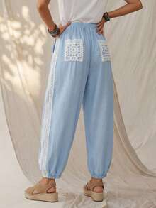 Wildy Women's Light Blue Lace Contrast Patchwork Tapered Pants, Casual Boho Western Country Chic Summer Vacation Holiday Autumn Commuting - Blue - View 2