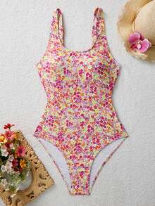 SHEIN Swim Mod 女士碎花连体泳衣，适合海滩度假、泳池派对、沙滩派对 - 彩色 - 查看 3