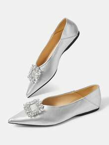 CUCCOO HITCHD Pointed Toe, Low Vamp, Rhinestone Square Buckle, Flat Bottom, Comfortable And Versatile, Fashionable Soft Sole, Elegant Fairy, Shoes, Silver Women's Shoes. - Silver - View 12