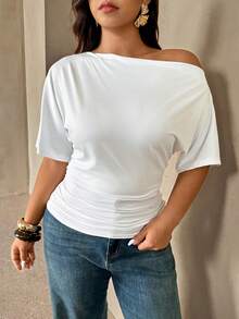 Plus Size Asymmetric Shoulder Loose Waist Ruched Slim Fit Basic T-Shirt / White Ruched Waist Slim Fit Asymmetric/Off Shoulder T-Shirt / Short Sleeve / Elegant Office Wear / Mermaid Style High-End Party Outfit - White - View 2