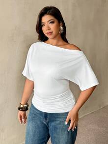 Plus Size Asymmetric Shoulder Loose Waist Ruched Slim Fit Basic T-Shirt / White Ruched Waist Slim Fit Asymmetric/Off Shoulder T-Shirt / Short Sleeve / Elegant Office Wear / Mermaid Style High-End Party Outfit - White - View 6