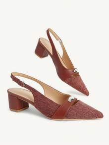 CUCCOO CHICEST 女鞋新款法式编织漆皮尖头露跟鞋女士细跟气质通勤高跟鞋 - 棕色 - 查看 4