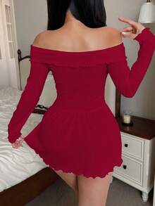 SweetSlumber Gaun Kasual Rajut Jacquard Tanpa Bahu untuk Wanita - Burgundy - View 2