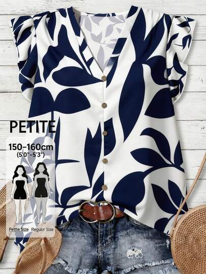 EMERY ROSE Mature Petite Áo kiểu nữ cổ chữ V, viền bèo nhún, cài nút trang trí, họa tiết hoa, dáng rộng, thanh lịch, thích hợp đi làm, đi nghỉ mát, mùa xuân/hè.