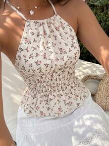 Sunnyshic Áo croptop nữ mùa hè giản dị, phong cách đồng quê ngọt ngào, đa năng, họa tiết hoa nhỏ xinh, thắt eo, lưng hở, không tay. - Nhiều màu - Xem 4