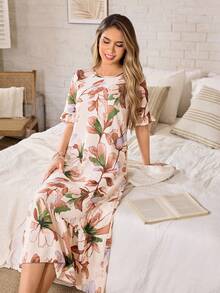 Serenescape Floral Print Patchwork Ruffle Hem Vacation Short Sleeve Women Nightgown - Multicolor - View 3