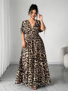 SHEIN PETITE CURVE Plus Size & Petite Women's V-Neck Gathered Waist Flared Leopard Print Elegant Dress - Brown - View 5