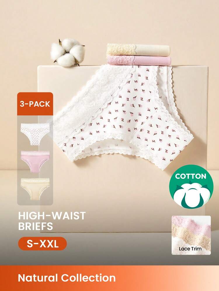 Paquete de 3 bragas de algodón con corte cheeky y ribete de encaje para mujer - Estampado floral con ribete de encaje