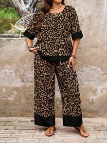 SHEIN LUNE Bộ đồ 2 món cỡ lớn họa tiết da báo cổ tròn và quần ống rộng thắt nút, kiểu dáng thường ngày. - Nhiều màu - Xem 3