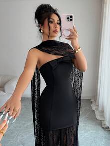 Elenzga Elegant Women's Black Lace Overlay Strapless A-Line Midi Dress,Autumn Urban Chic New Arrival For Dinner,Weddings,Galas,Commute,Parties & Holidays - Black - View 4