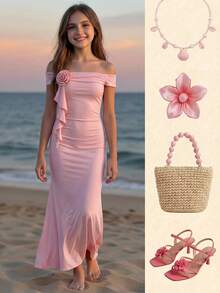 Strapless Slit Snug Fit Skirt, Fashionable & Sexy, Fitted Design, High Waist Slit, Suitable For Party - Pink - View 5