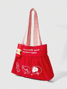 ROMWE Anime 1 chiếc túi tote nữ màu đỏ Y2K Kawaii ngọt ngào và dễ thương in chữ kẻ caro hình quả táo 3D, thời trang và đơn giản, thích hợp cho sinh viên, mua sắm, đi làm, v.v. - Đỏ - Xem 2