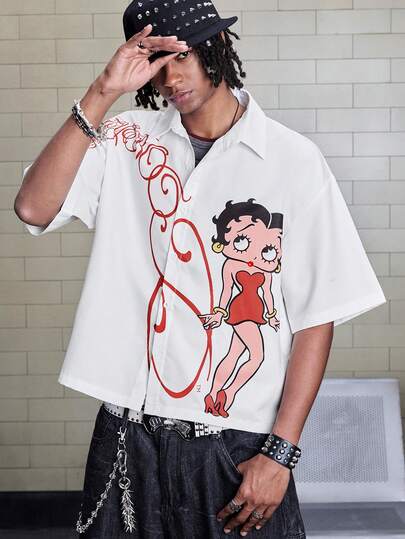 ROMWE MEN Betty Boop | ROMWE Men's Fashion Cartoon Character Print Single-Breasted Short Sleeve Shirt