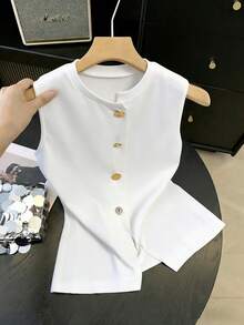 GlowEve Top casual de tirantes de unicolor con cuello redondo y botones delanteros para el verano - Blanco - Ver 3
