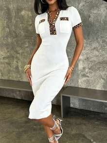 Đầm dệt kim ngắn tay phối màu họa tiết da báo, kiểu dáng thời trang mùa hè. - trắng - Xem 3