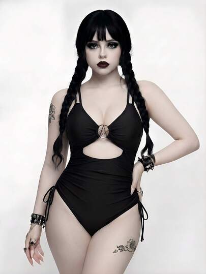 ROMWE Goth Áo tắm liền thân khoét lỗ dành cho nữ cỡ lớn, màu đen, món đồ thiết yếu cho kỳ nghỉ hè và du lịch biển.