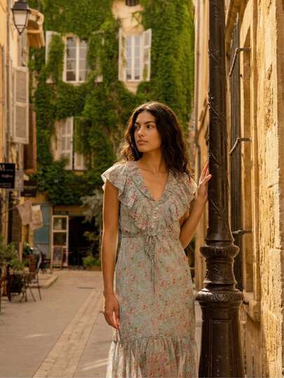 lacRébo Green Floral-Print Ruffle Midi Dress With A V-Neckline And A Tie Waist Chic Style Spring Summer Vacation Dress Holiday Dress Wedding Guest Dress French Style Parisian Style Casual Dress