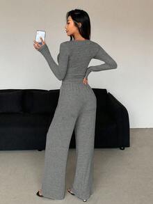 DAZY 2pcs Women Spring/Summer Solid Color Button Front Long Sleeve T-Shirt And Drawstring Waist Pants Casual Set Y2k Tracksuits Women Set Lounge Sets For Women - Grey - View 4