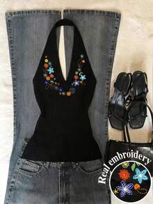 Glimmora Women's Fashionable Floral Embroidery Halter Top, Versatile For Vacation, Beach, And Dates - Black - View 1