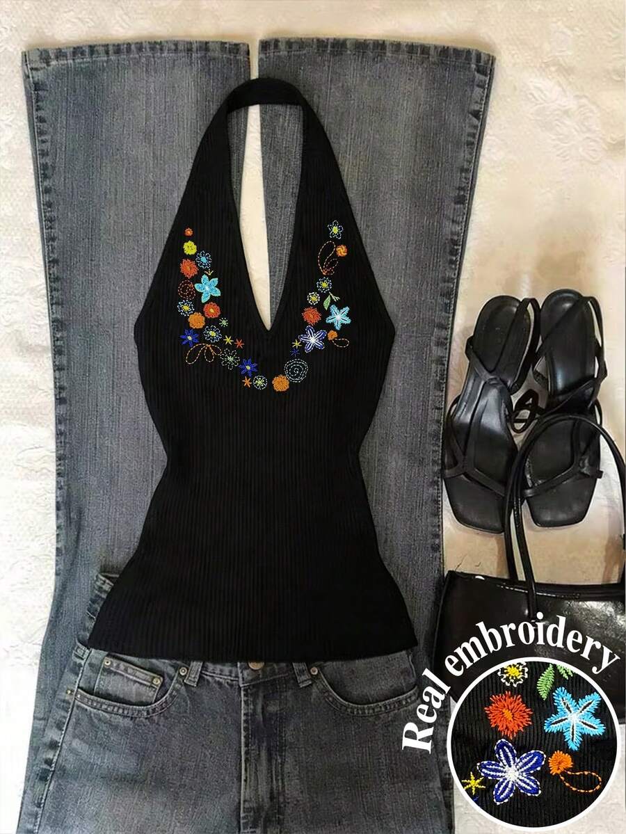 Glimmora Women's Fashionable Floral Embroidery Halter Top, Versatile For Vacation, Beach, And Dates - Black - View 1