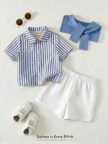 Cozy Pixies 3pcs Baby Boy Set: Solid Color Shawl Collar Striped Short Sleeve Cardigan Shirt And Elastic Waist Shorts - Blue - View 2