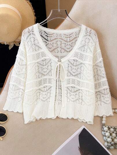 GlowEve CURVE 大码优雅镂空七分袖圆领系带蝴蝶结开衫