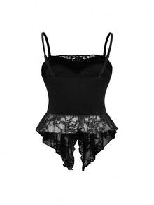 ROMWE Goth Spring/Summer Plus Size Y2K Sexy Velvet & Contrast Lace Camisole, Dark Halloween Style - Black - View 2