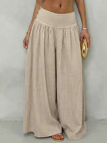 SHEIN Glamour 女士复古低腰阔腿裤，飘逸显瘦休闲长裤，卡其色阔腿裤，适合春夏度假，夏季阔腿裤，卡其色长款阔腿裤，海滩度假，夏季阔腿裤，卡其色长裤 - 卡其色 - 查看 4