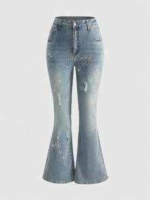 ROMWE Grunge Punk Plus Size Y2K Rhinestone Distressed Skull & Cross Flare Jeans - Blue - View 1