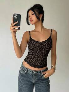 Aloruh 女士性感优雅Y2K豹纹蕾丝拼接吊带背心，性感豹纹吊带背心，休闲豹纹吊带背心 - 白色 - 查看 4