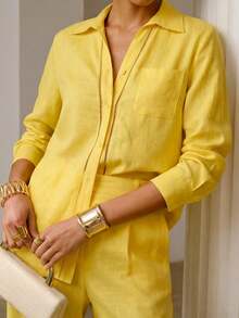 ZEYLAH LINEN POCKET SHIRT AND PANTS FOR COMMUTING - Yellow - View 2