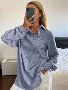 DAZY Camisa holgada para mujer azul claro y blanco con cuello de solapa, manga larga, estilo casual elegante para oficina en otoño - Neblina azul - Ver 2