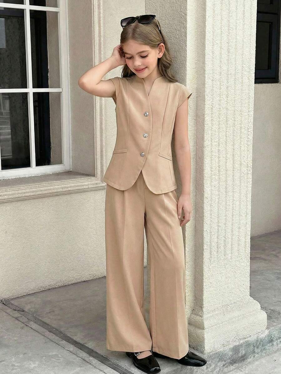 SHEIN Tween Girl Elegant Solid Apricot Short Sleeve Blazer & Wide Leg Pants 2 Pieces Suit, Commuting Outfit - Brown - View 1