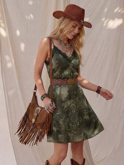 Wildy Đầm hai dây mini không tay phong cách BOHO giản dị kiểu miền Tây hoang dã, phối ren, họa tiết retro, thích hợp mặc hàng ngày hoặc đi làm.