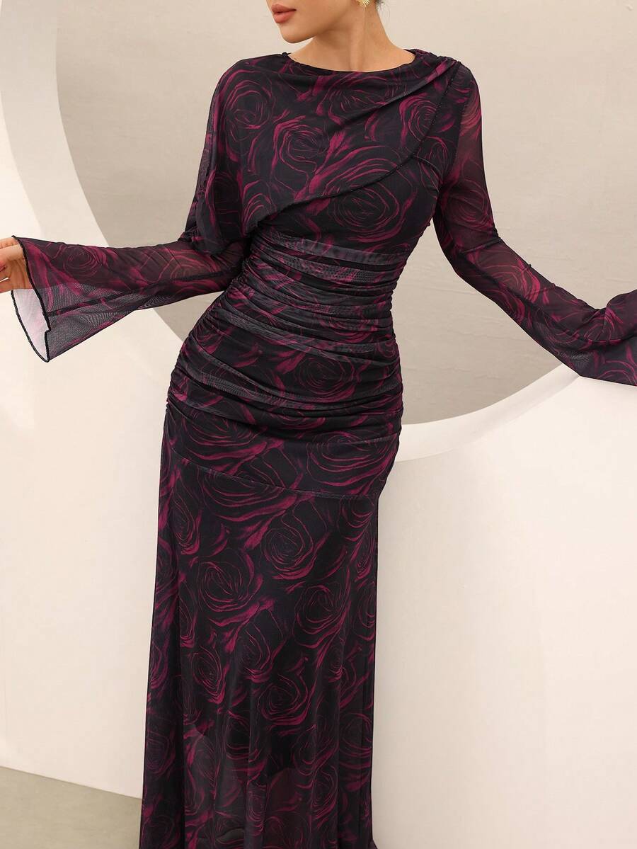 Graceveil Đầm dài kiểu Pháp thanh lịch, chất liệu voan in họa tiết, thiết kế xếp nếp, thích hợp cho tiệc tối. - Nhiều màu - Xem 1