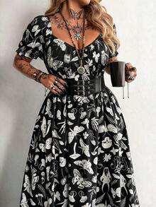 Whyspr Plus Size Punk Style V-Neck Printed Long Dress, Spring/Summer - Black - View 5