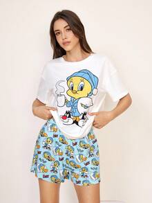 LOONEY TUNES X SHEIN Women's Round Neck Short Sleeve T-Shirt And Casual Shorts Pajama Set - - White - View 4